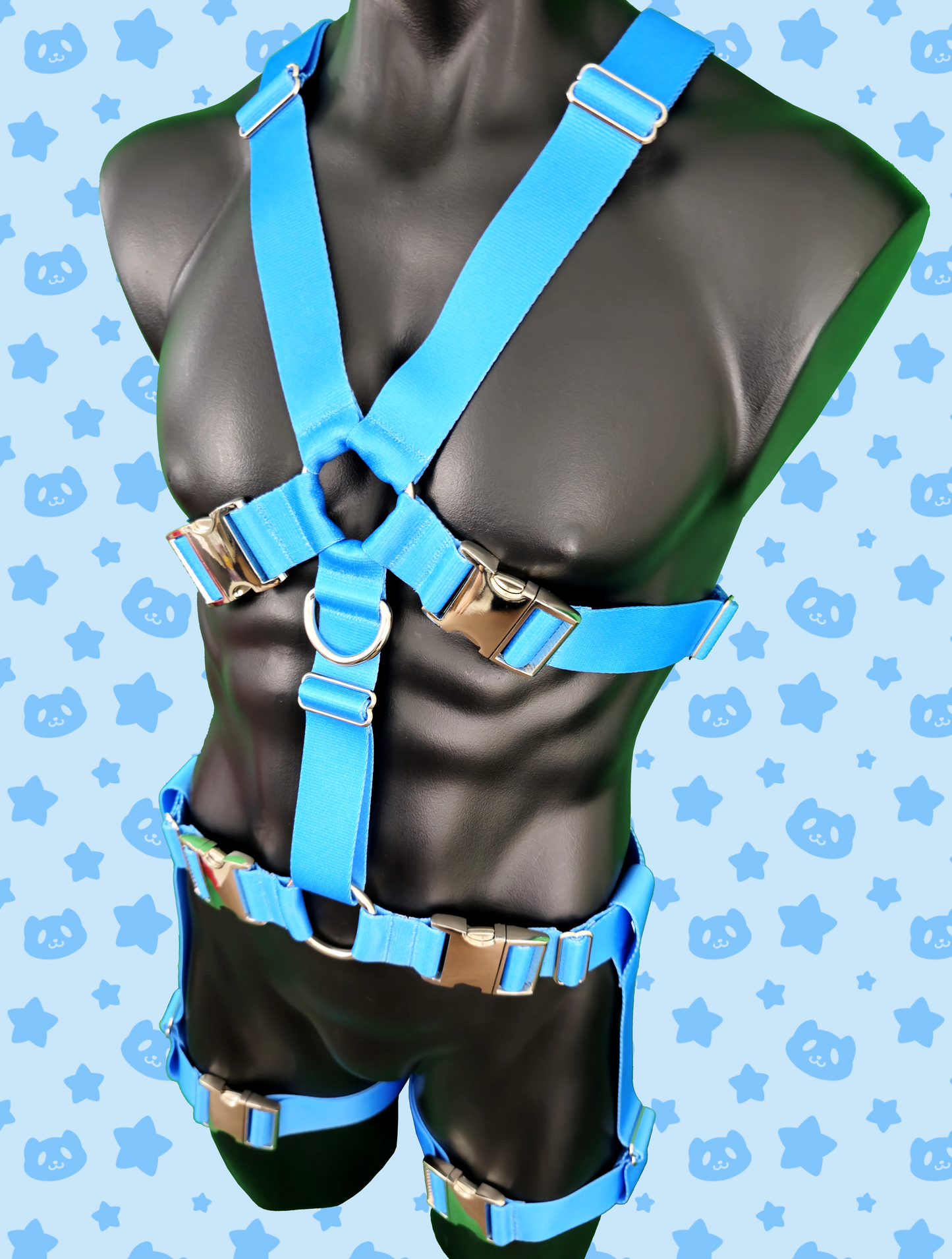 Chest Harness + Leg Straps - Light Blue with Silver Metal Hardware