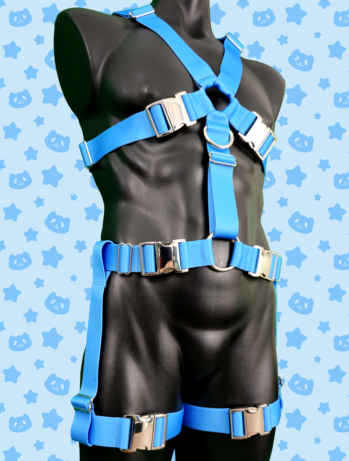 Chest Harness + Leg Straps - Light Blue with Silver Metal Hardware
