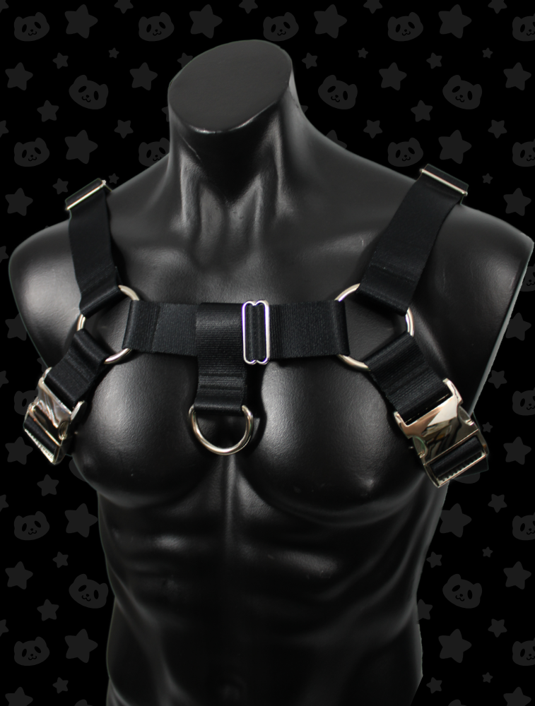 Bulldog Harness - Black with Silver Metal Hardware