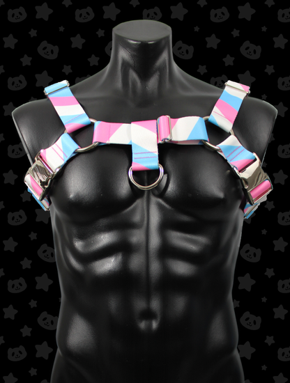 Bulldog Harness - Trans Pride with Silver Metal Hardware