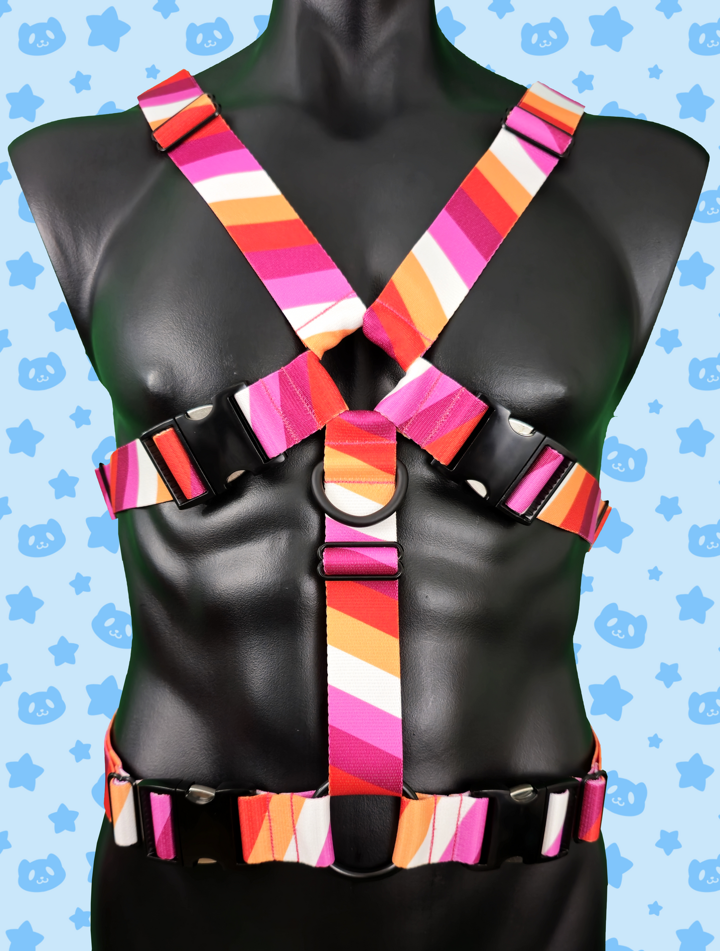 Chest Harness - Lesbian Pride with Black Metal Hardware