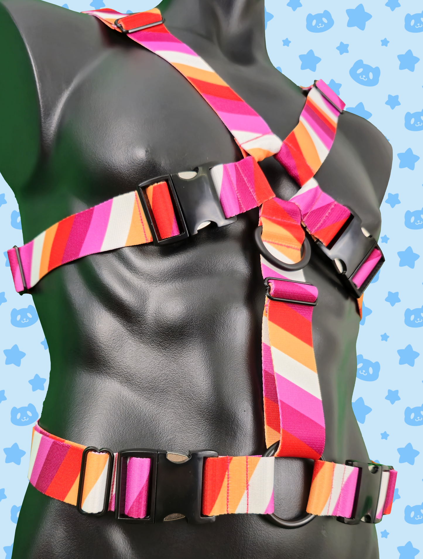 Chest Harness - Lesbian Pride with Black Metal Hardware