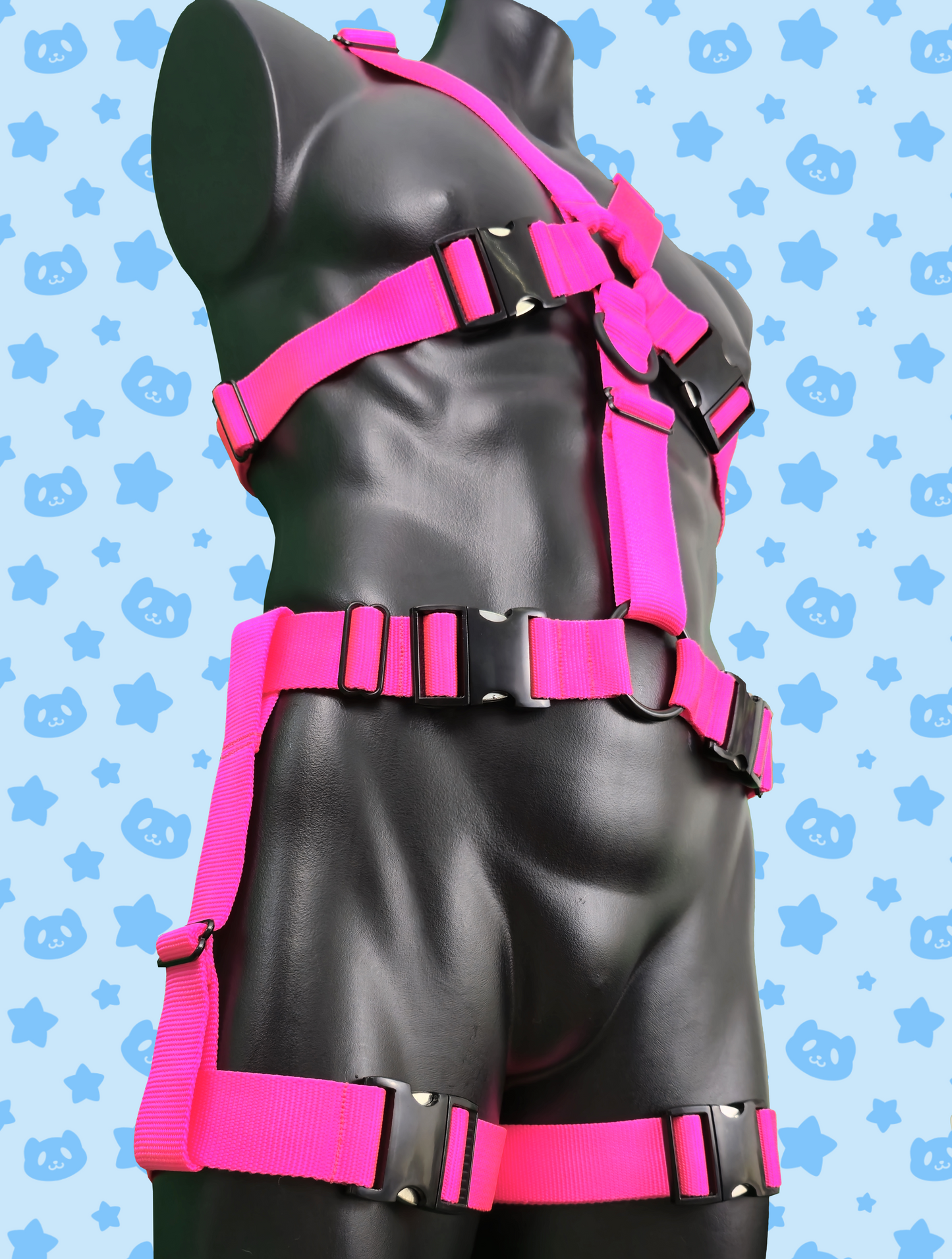 Chest Harness + Leg Straps - Neon Pink with Black Metal Hardware