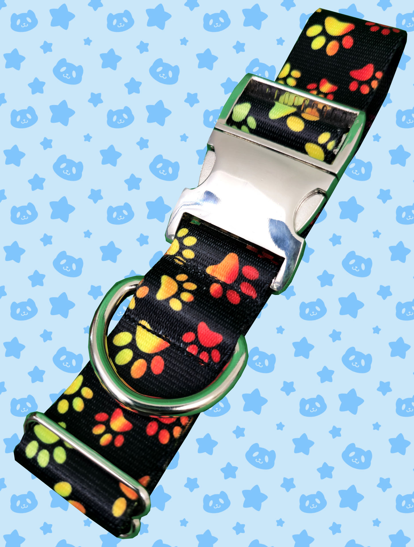 Collar - Rainbow Pawprints with Silver Metal Hardware
