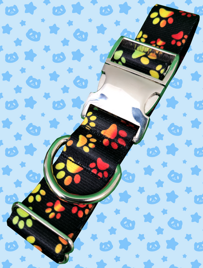 Collar - Rainbow Pawprints with Silver Metal Hardware
