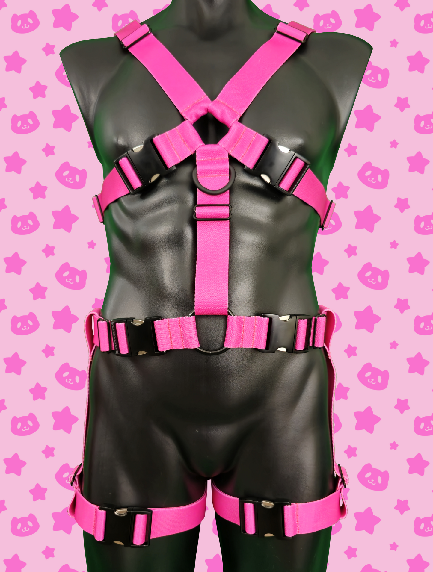 Chest Harness + Leg Straps - Hot Pink with Black Metal Hardware