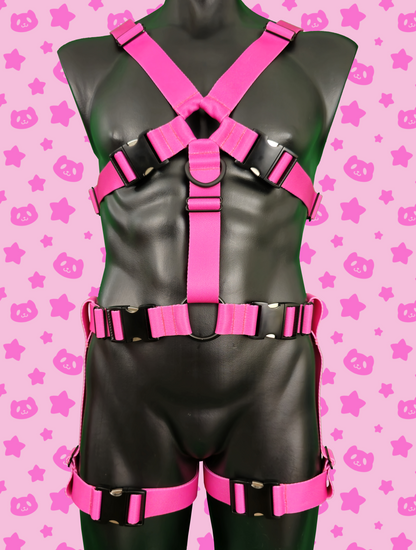 Chest Harness + Leg Straps - Hot Pink with Black Metal Hardware