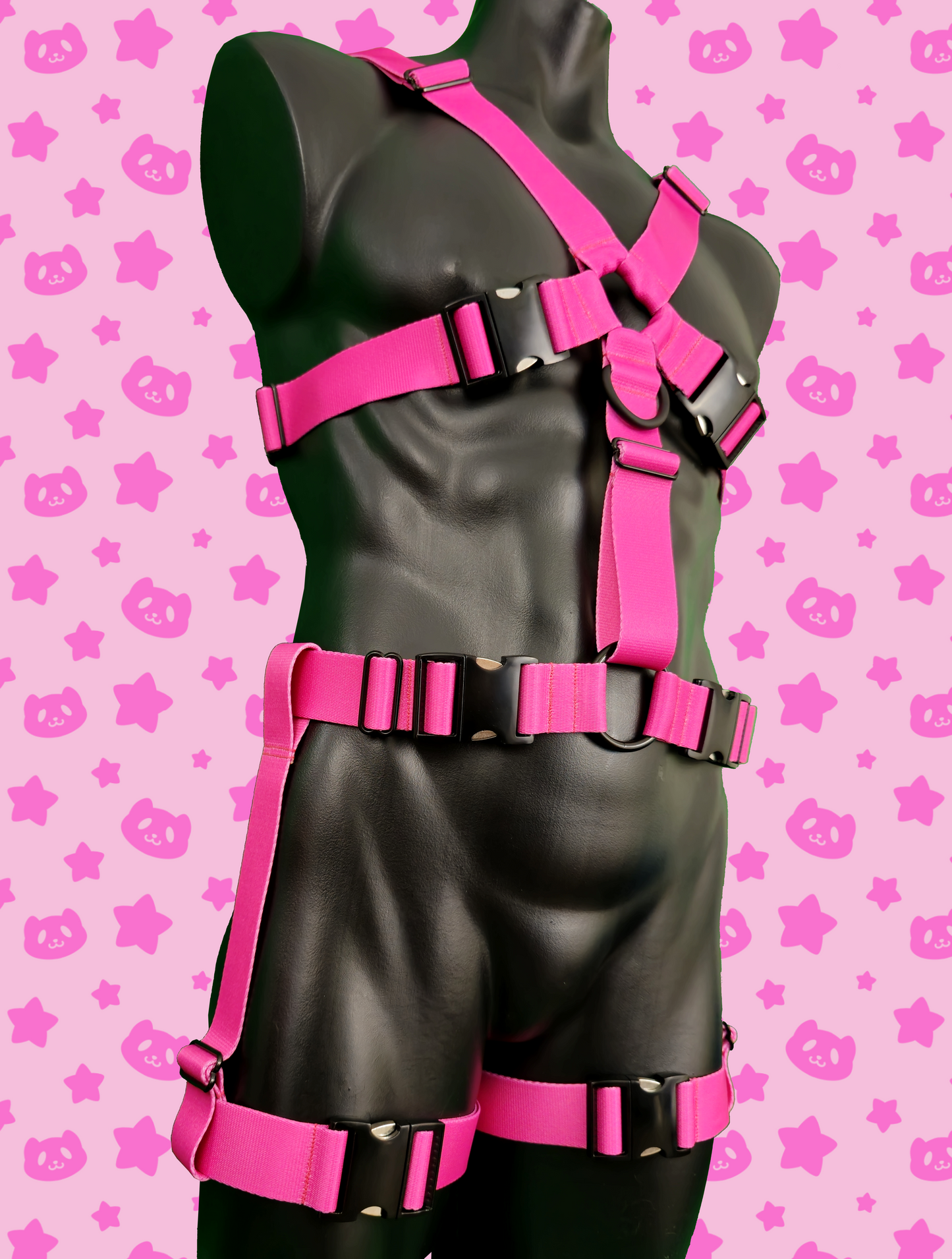 Chest Harness + Leg Straps - Hot Pink with Black Metal Hardware