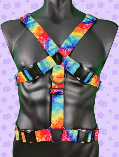 Chest Harness - Rainbow Tie-dye with Black Metal Hardware