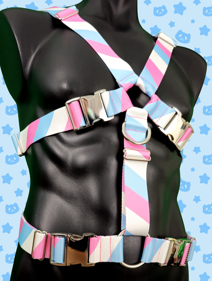 Chest Harness - Trans Pride with Silver Metal Hardware