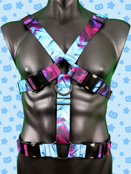 Chest Harness - Whispy Purple + Blue with Black Metal Hardware