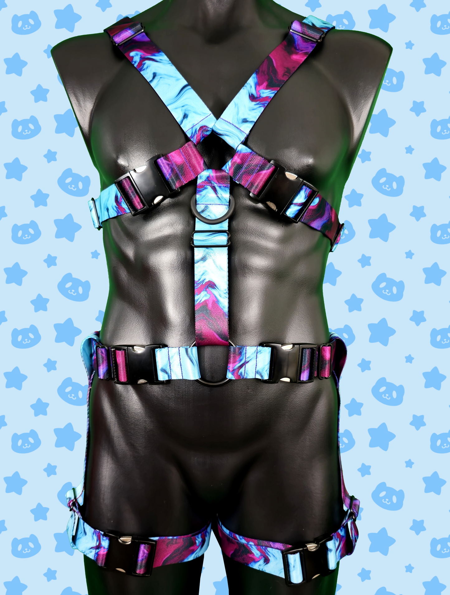 Chest Harness + Leg Straps - Whispy Purple + Blue with Black Metal Hardware