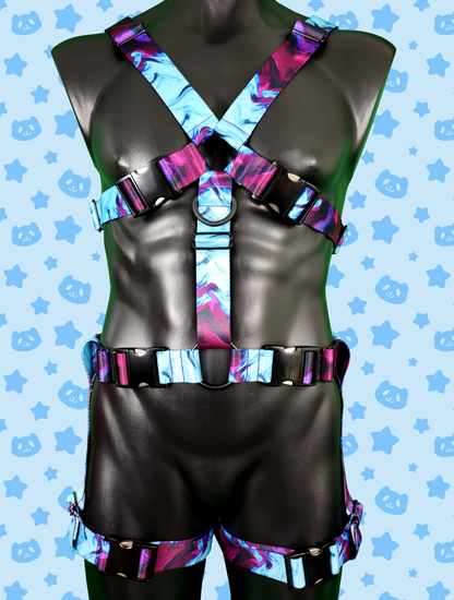 Chest Harness + Leg Straps - Whispy Purple + Blue with Black Metal Hardware