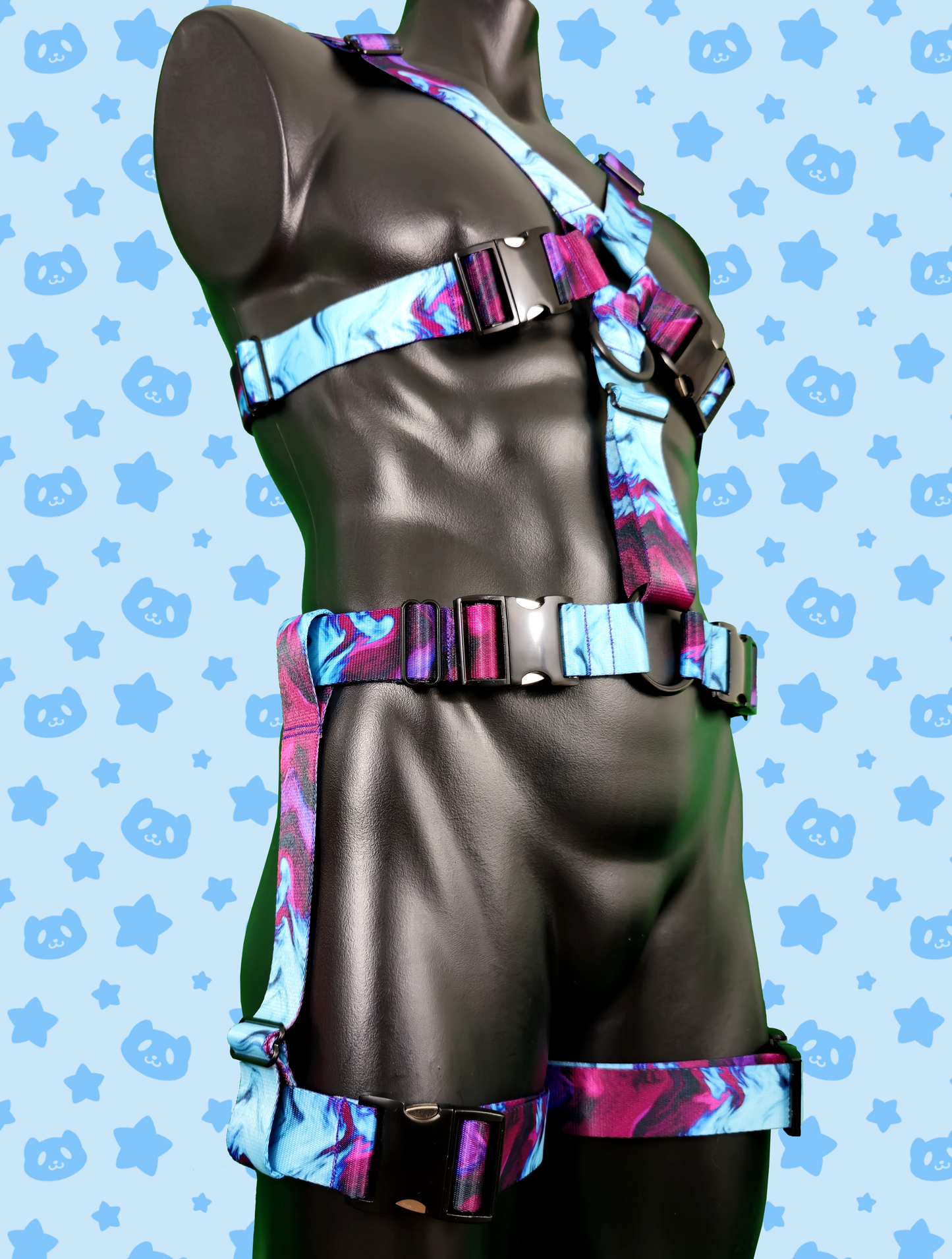 Chest Harness + Leg Straps - Whispy Purple + Blue with Black Metal Hardware